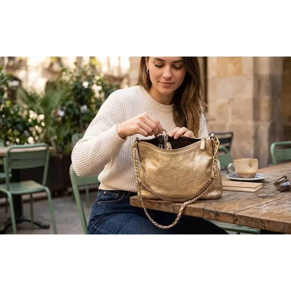 Coach Signature Logo Gold Leather Shoulder Bag Used FI7991